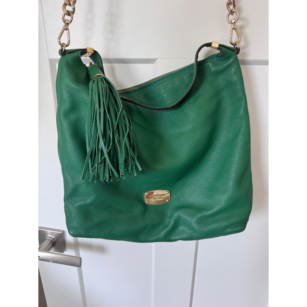 Michael Kors Green Pebbled Leather Hobo Bag Gold Chain Tassel Shoulder Bag